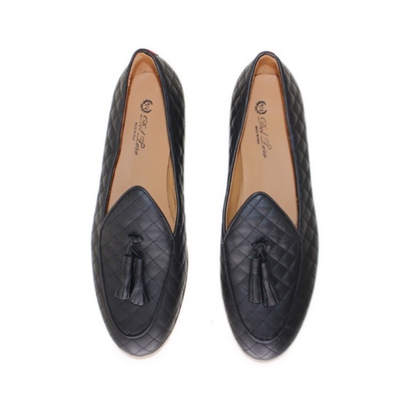 New Handmade in Italy, Men\'s Quilted Black Leather Loafers with Tassel size 13